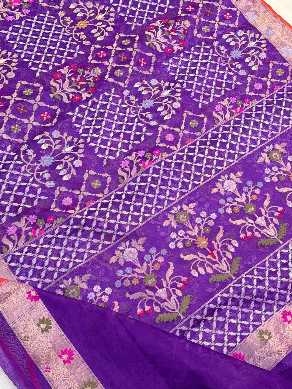 Purple Banarasi Kora Jamdani Silk Handwoven Saree