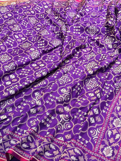 Purple Pure Banarasi Ektara Jamdani Silk Handwoven Saree