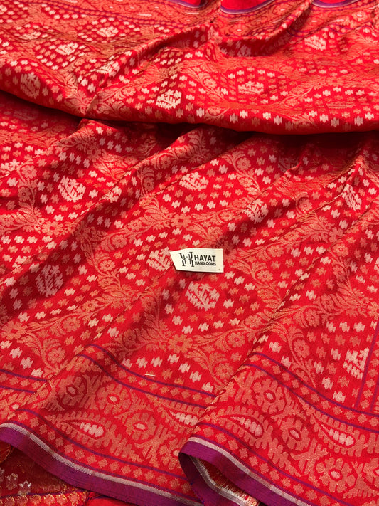 Red Pure Banarasi Ektara Jamdani Silk Handwoven Saree