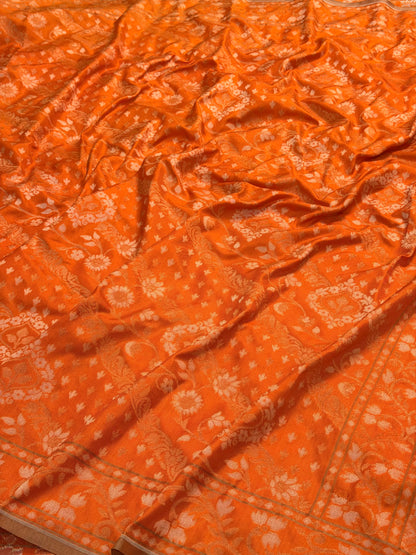 Orange Pure Banarasi Ektara Jamdani Silk Handwoven Saree