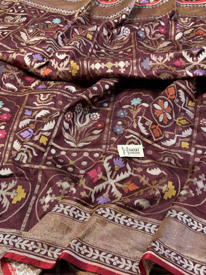 Brown Pure Banarasi Ektara Jamdani Silk Handwoven Saree