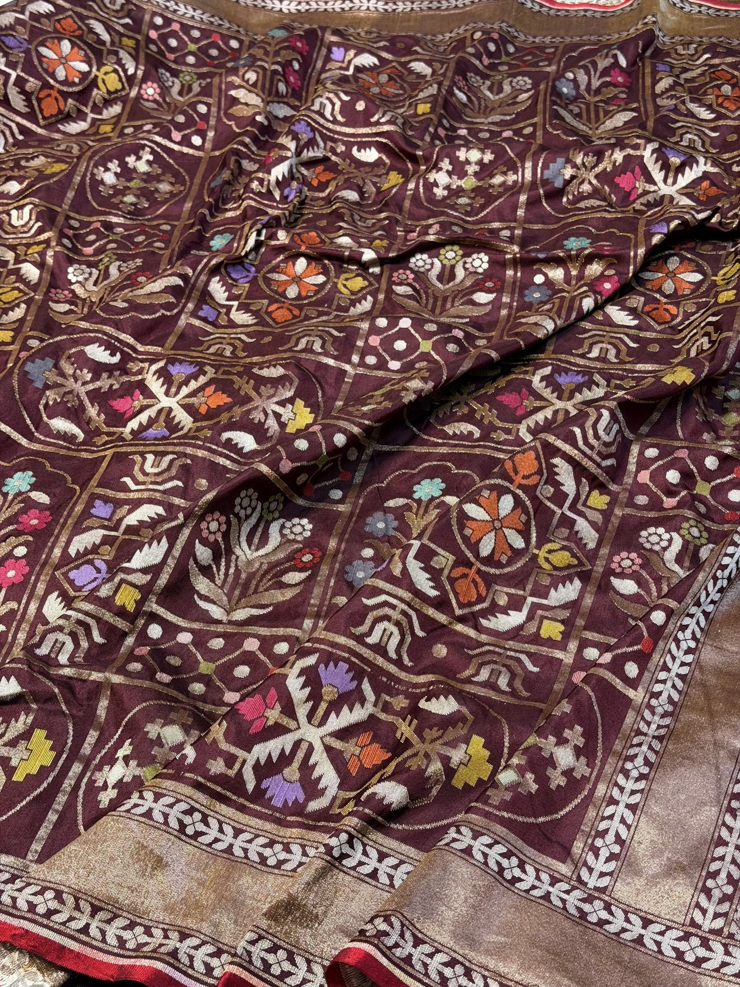 Brown Pure Banarasi Ektara Jamdani Silk Handwoven Saree