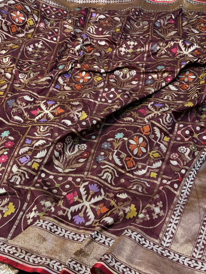 Brown Pure Banarasi Ektara Jamdani Silk Handwoven Saree