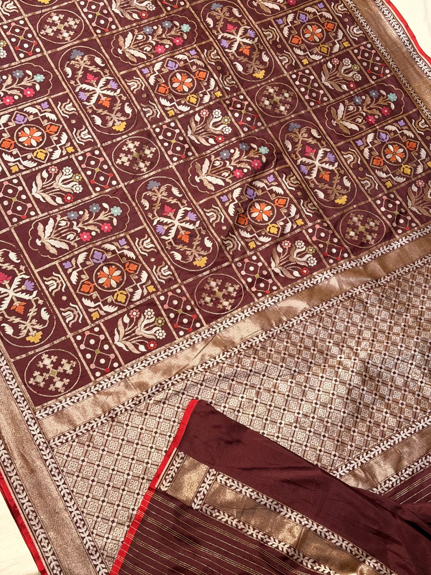 Brown Pure Banarasi Ektara Jamdani Silk Handwoven Saree