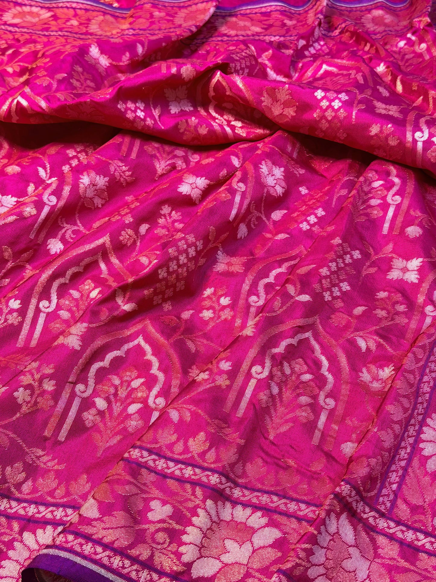 Rani Pink Pure Banarasi Ektara Jamdani Silk Handwoven Saree