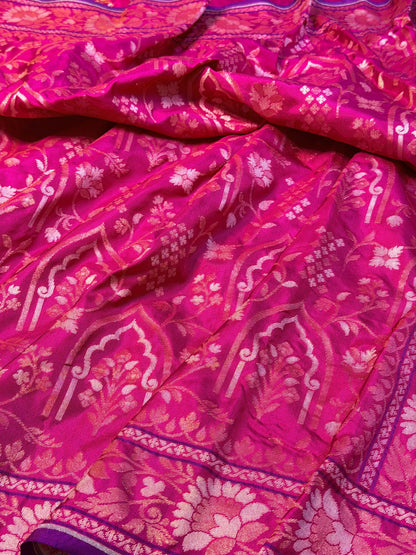 Rani Pink Pure Banarasi Ektara Jamdani Silk Handwoven Saree
