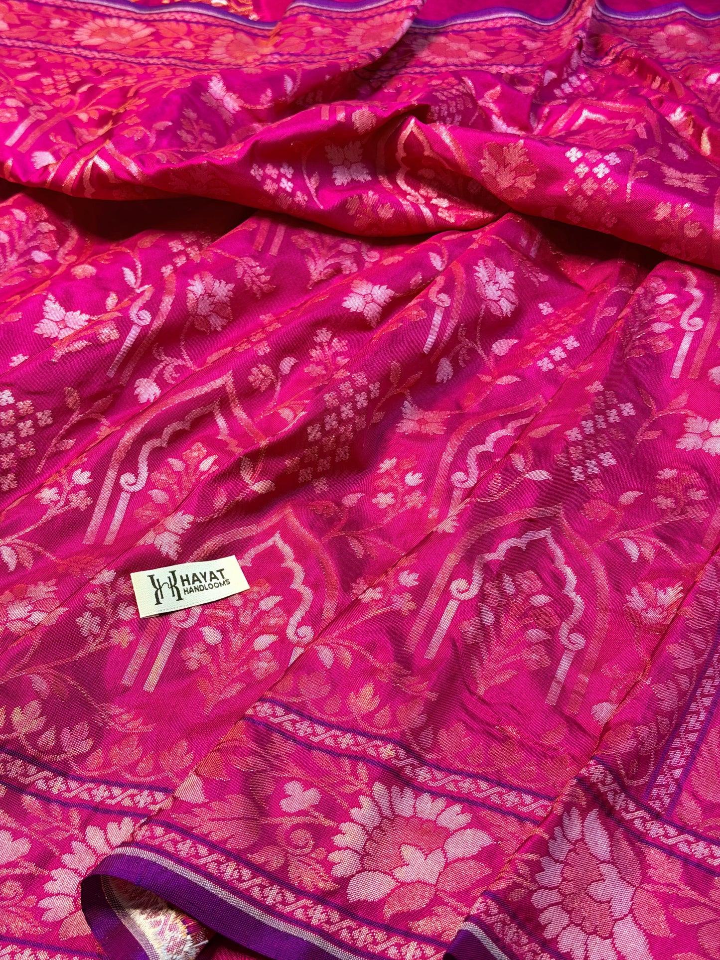 Rani Pink Pure Banarasi Ektara Jamdani Silk Handwoven Saree