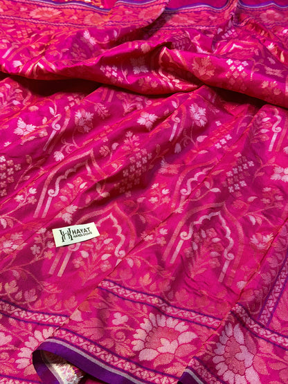 Rani Pink Pure Banarasi Ektara Jamdani Silk Handwoven Saree