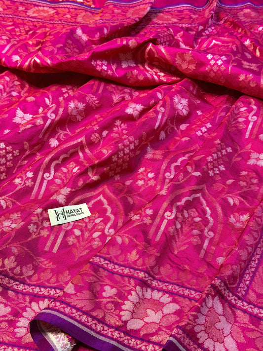 Rani Pink Pure Banarasi Ektara Jamdani Silk Handwoven Saree
