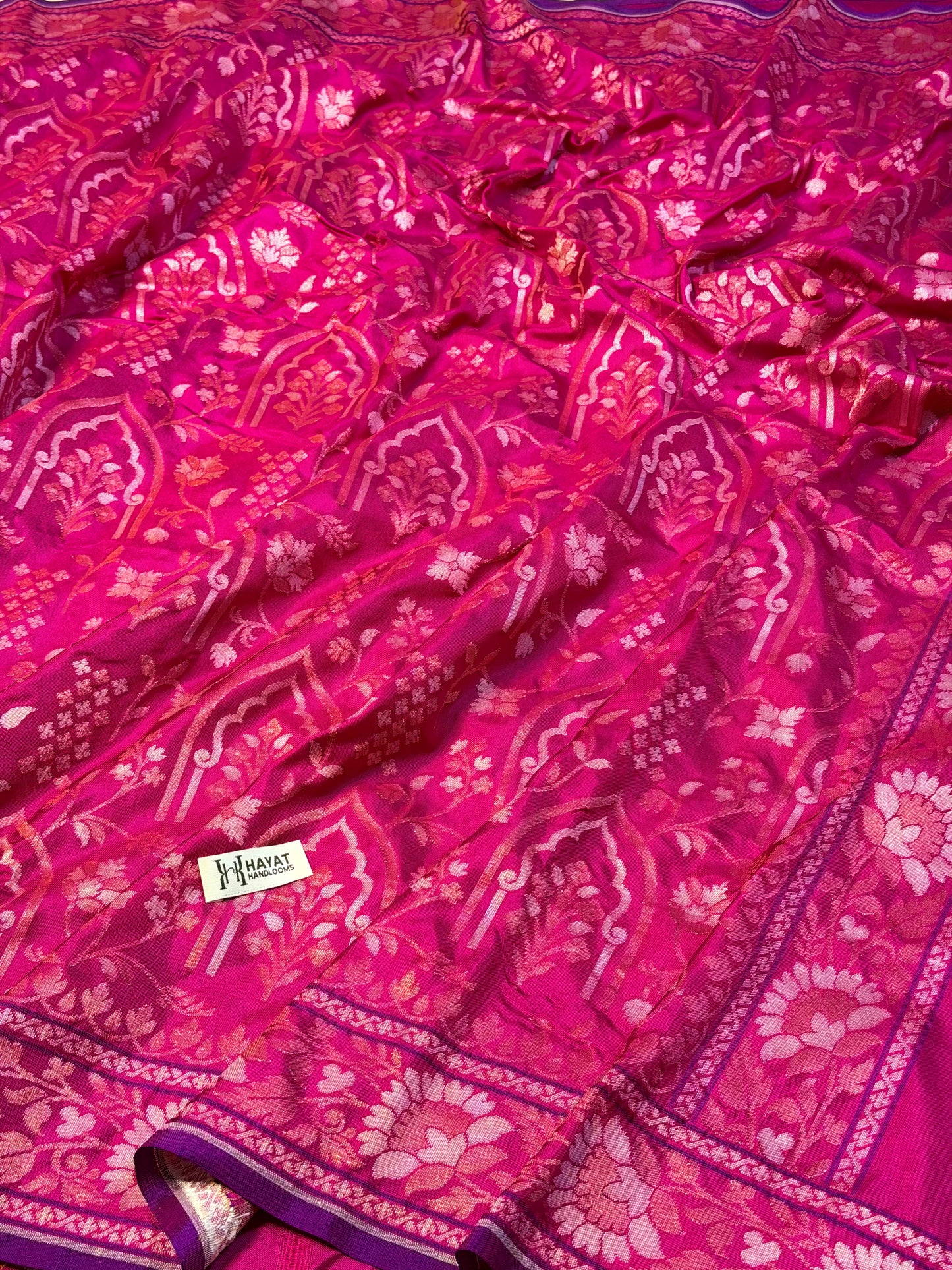 Rani Pink Pure Banarasi Ektara Jamdani Silk Handwoven Saree