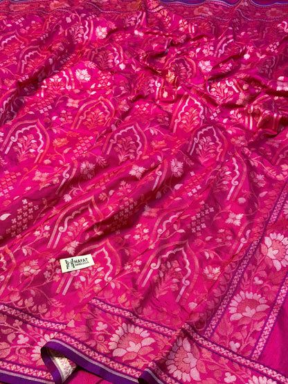 Rani Pink Pure Banarasi Ektara Jamdani Silk Handwoven Saree