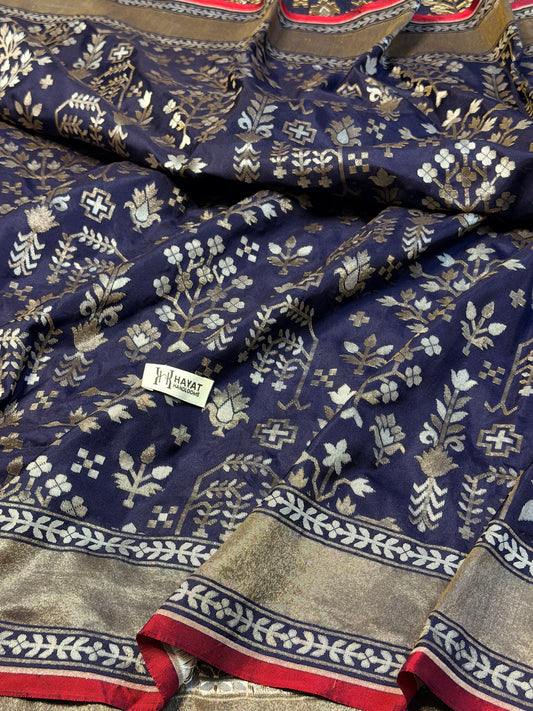 Nevy Blue Pure Banarasi Ektara Jamdani Silk Handwoven Saree
