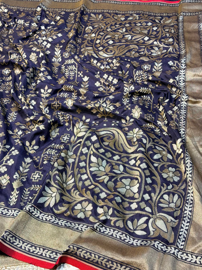 Nevy Blue Pure Banarasi Ektara Jamdani Silk Handwoven Saree