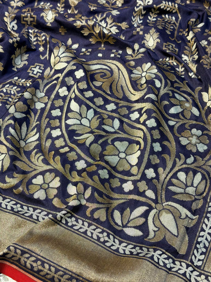 Nevy Blue Pure Banarasi Ektara Jamdani Silk Handwoven Saree