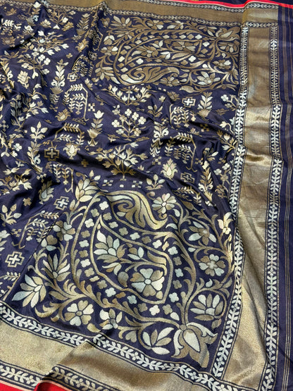 Nevy Blue Pure Banarasi Ektara Jamdani Silk Handwoven Saree