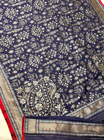 Nevy Blue Pure Banarasi Ektara Jamdani Silk Handwoven Saree