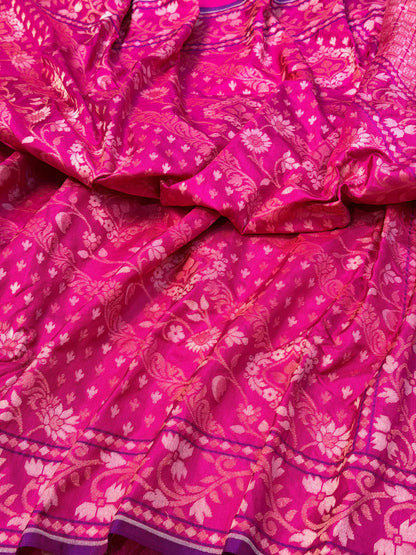 Rani Pink Pure Banarasi Ektara Jamdani Silk Handwoven Saree