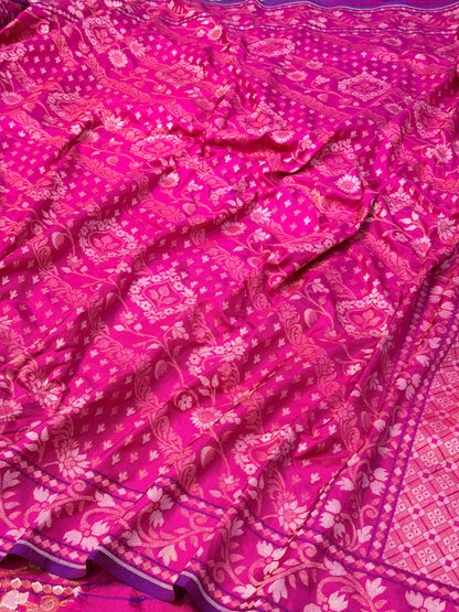 Rani Pink Pure Banarasi Ektara Jamdani Silk Handwoven Saree