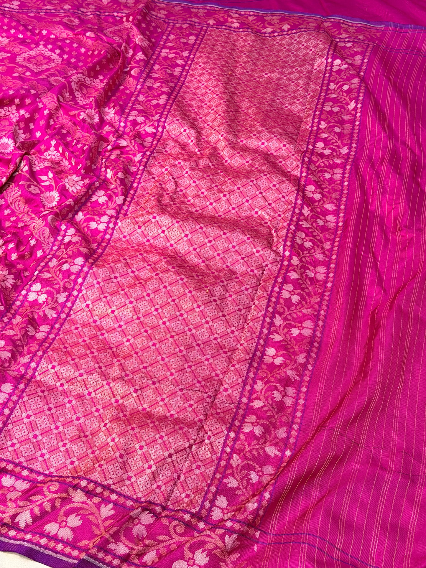 Rani Pink Pure Banarasi Ektara Jamdani Silk Handwoven Saree