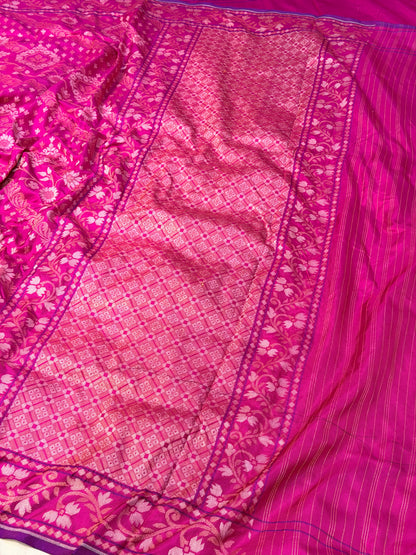 Rani Pink Pure Banarasi Ektara Jamdani Silk Handwoven Saree