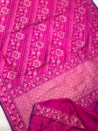 Rani Pink Pure Banarasi Ektara Jamdani Silk Handwoven Saree