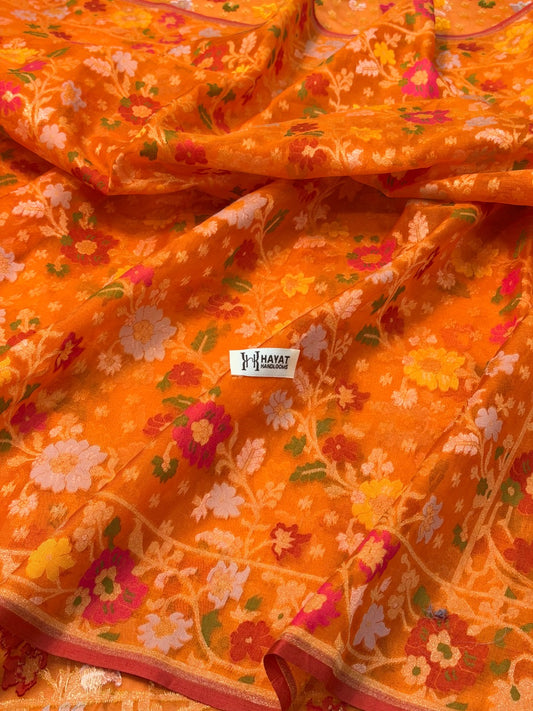 Orange Banarasi Kora Jamdani Silk Handwoven Saree