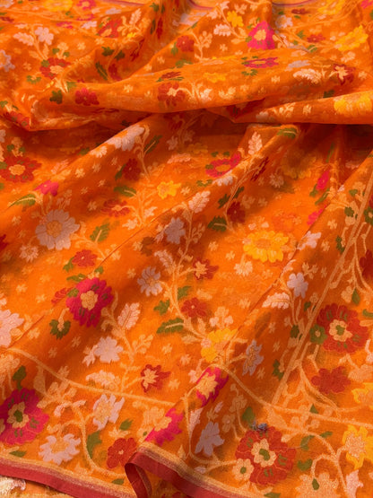 Orange Banarasi Kora Jamdani Silk Handwoven Saree