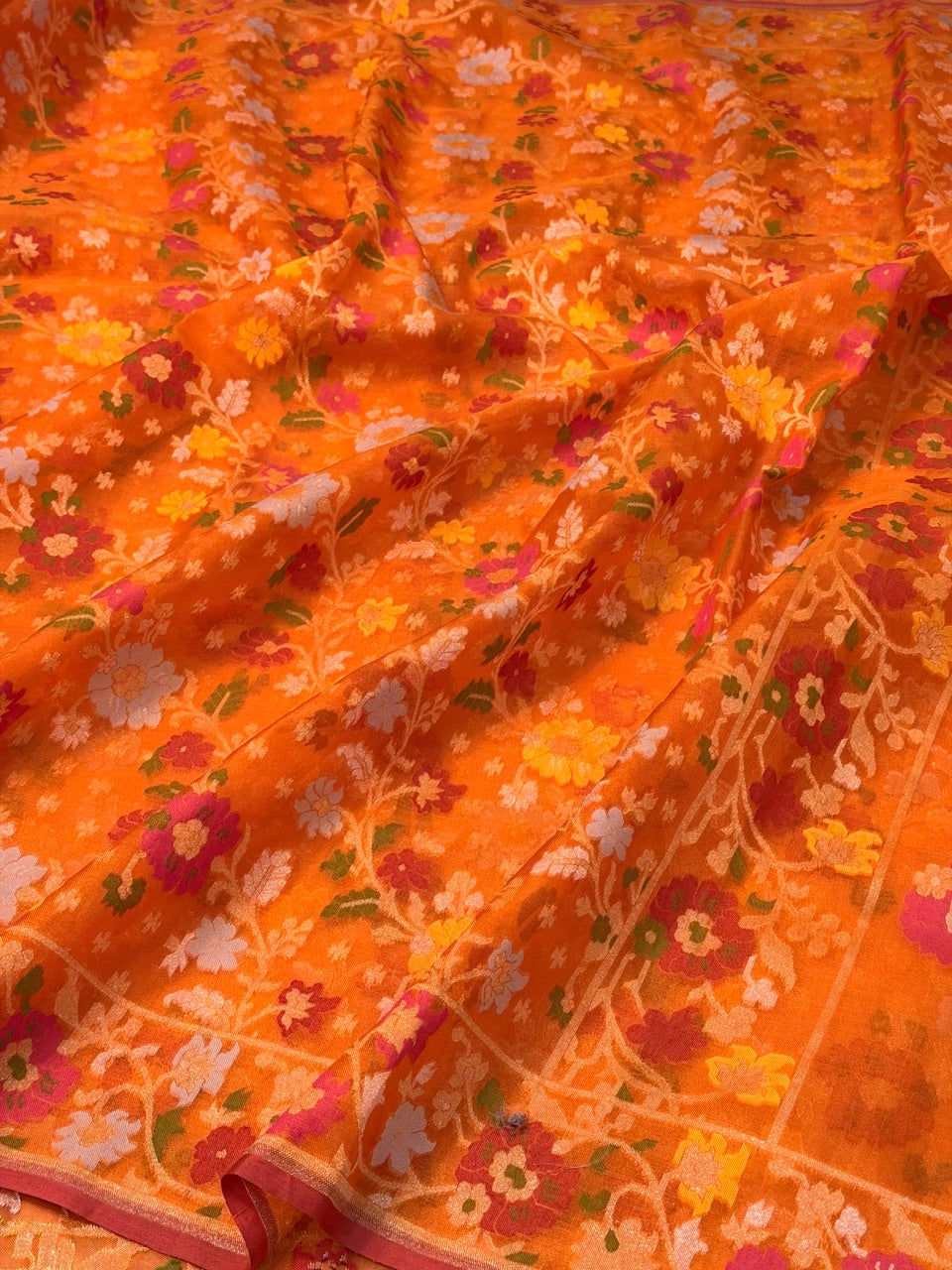 Orange Banarasi Kora Jamdani Silk Handwoven Saree