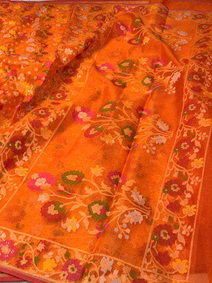 Orange Banarasi Kora Jamdani Silk Handwoven Saree