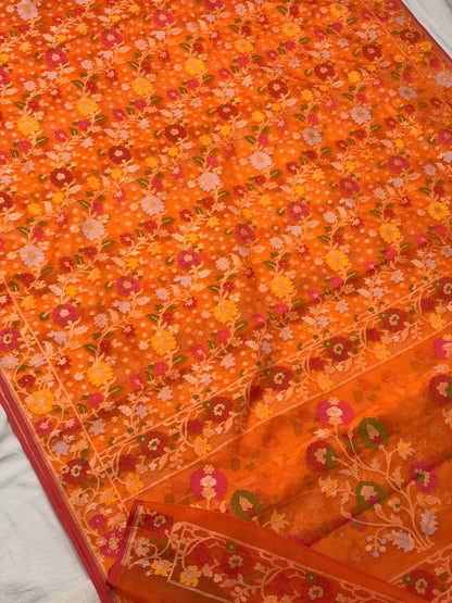 Orange Banarasi Kora Jamdani Silk Handwoven Saree