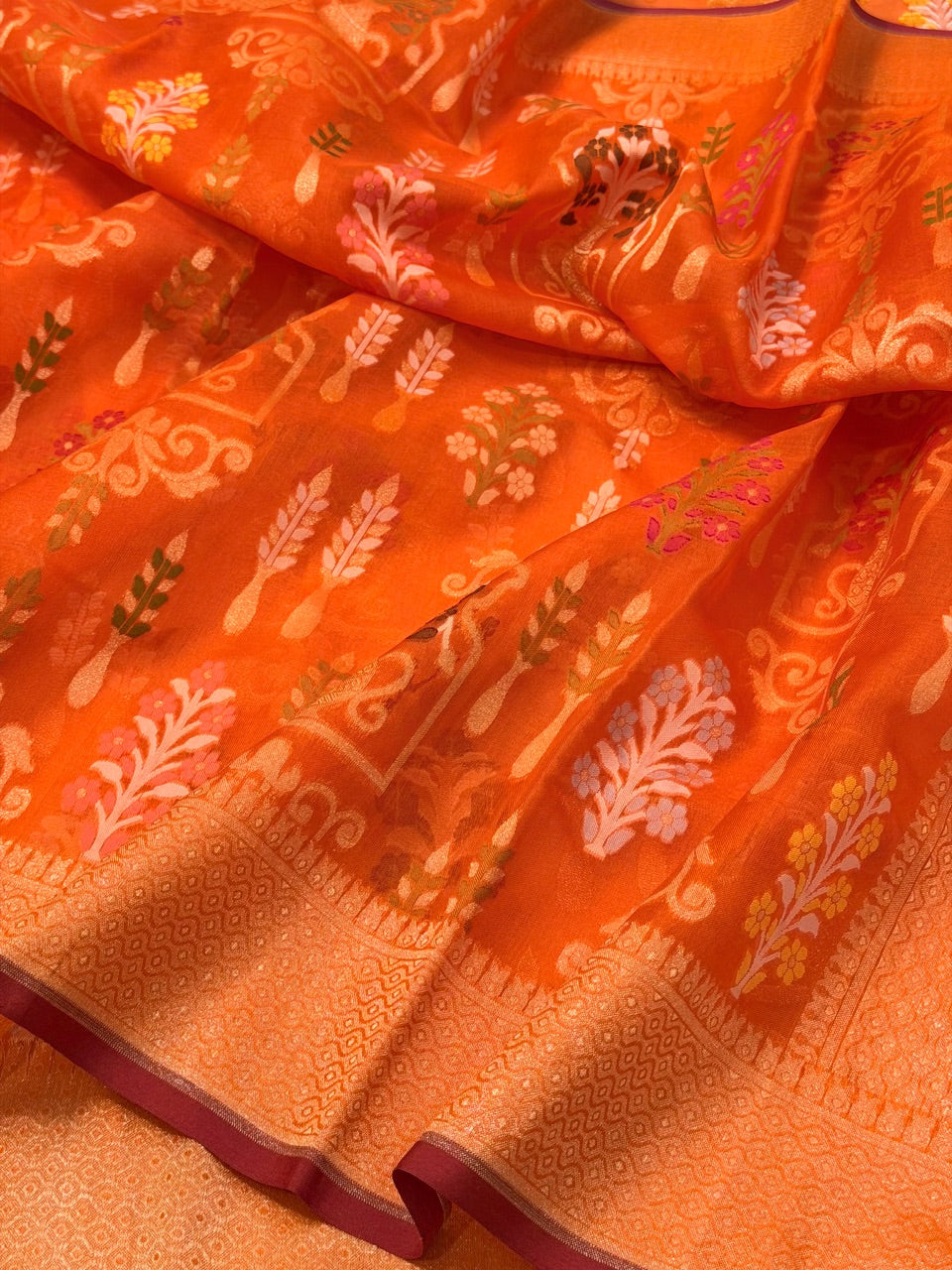 Orange Banarasi Kora Jamdani Silk Handwoven Saree