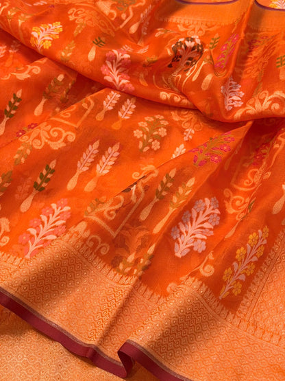 Orange Banarasi Kora Jamdani Silk Handwoven Saree