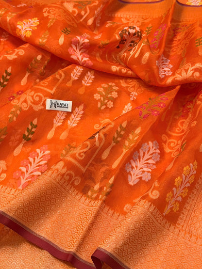 Orange Banarasi Kora Jamdani Silk Handwoven Saree