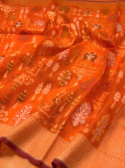 Orange Banarasi Kora Jamdani Silk Handwoven Saree