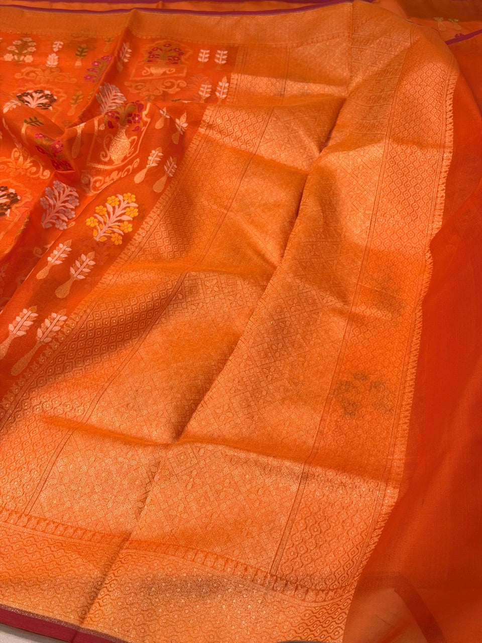 Orange Banarasi Kora Jamdani Silk Handwoven Saree