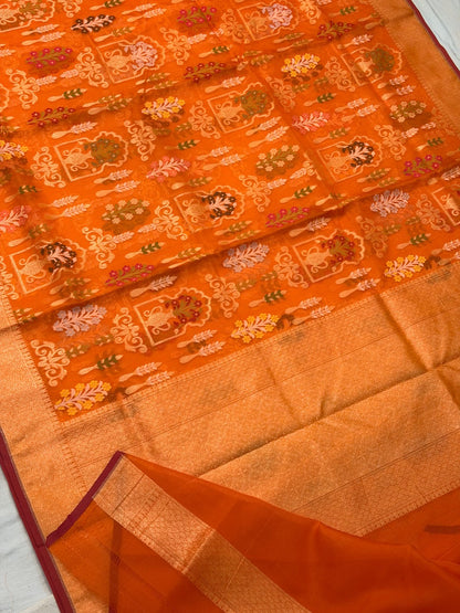 Orange Banarasi Kora Jamdani Silk Handwoven Saree