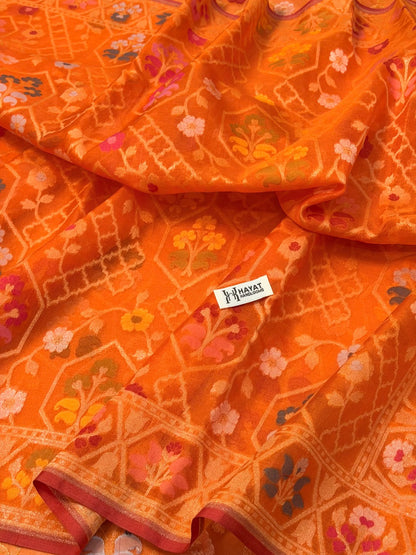 Orange Banarasi Kora Jamdani Silk Handwoven Saree