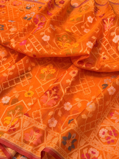 Orange Banarasi Kora Jamdani Silk Handwoven Saree