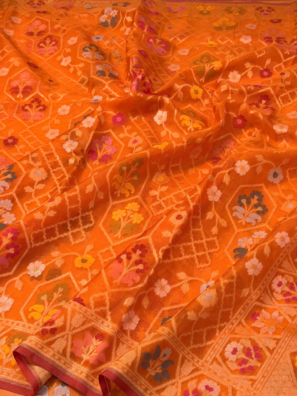 Orange Banarasi Kora Jamdani Silk Handwoven Saree