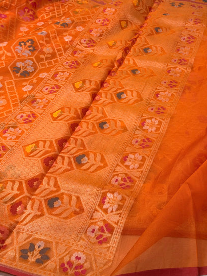 Orange Banarasi Kora Jamdani Silk Handwoven Saree