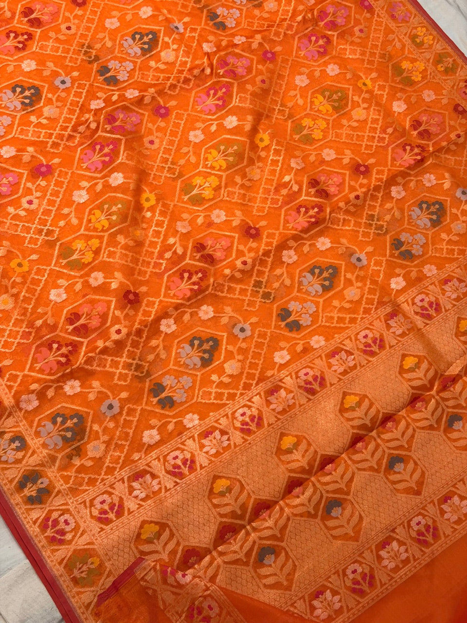 Orange Banarasi Kora Jamdani Silk Handwoven Saree