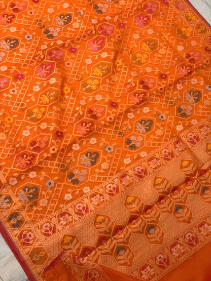 Orange Banarasi Kora Jamdani Silk Handwoven Saree