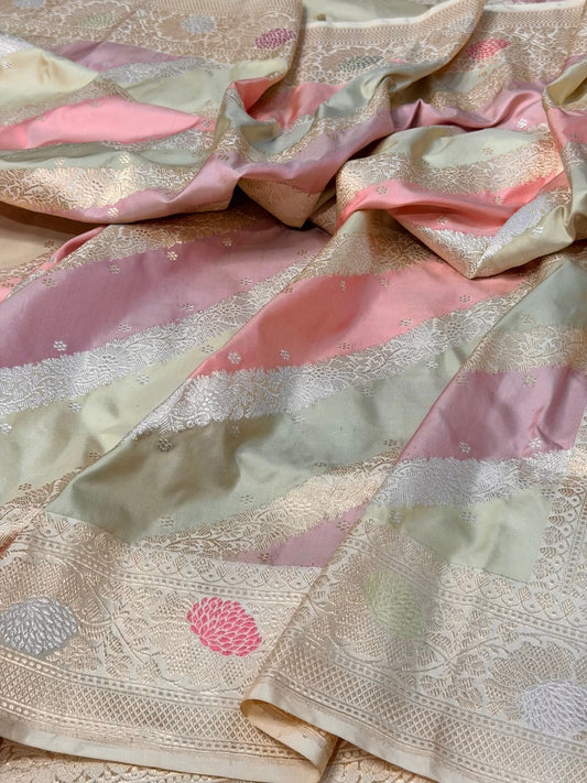 Ivory Handwoven Pure Banarasi Rangkaat Silk Saree – Pure Katan Silk | Rangkaat Technique | Luxury Banarasi Saree