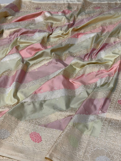 Ivory Handwoven Pure Banarasi Rangkaat Silk Saree – Pure Katan Silk | Rangkaat Technique | Luxury Banarasi Saree