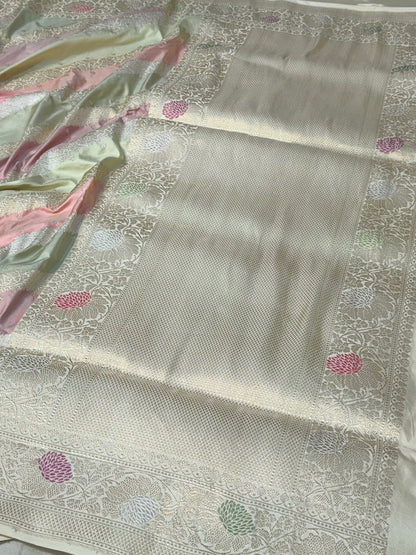 Ivory Handwoven Pure Banarasi Rangkaat Silk Saree – Pure Katan Silk | Rangkaat Technique | Luxury Banarasi Saree