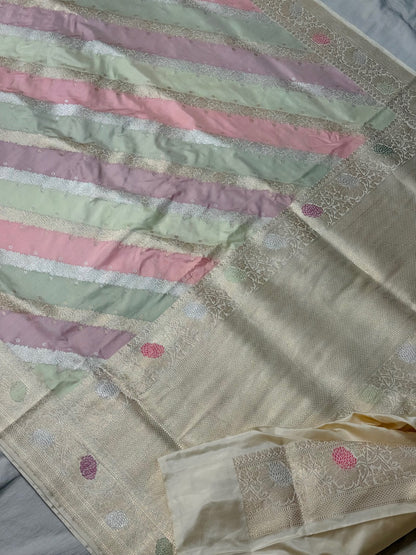 Ivory Handwoven Pure Banarasi Rangkaat Silk Saree – Pure Katan Silk | Rangkaat Technique | Luxury Banarasi Saree