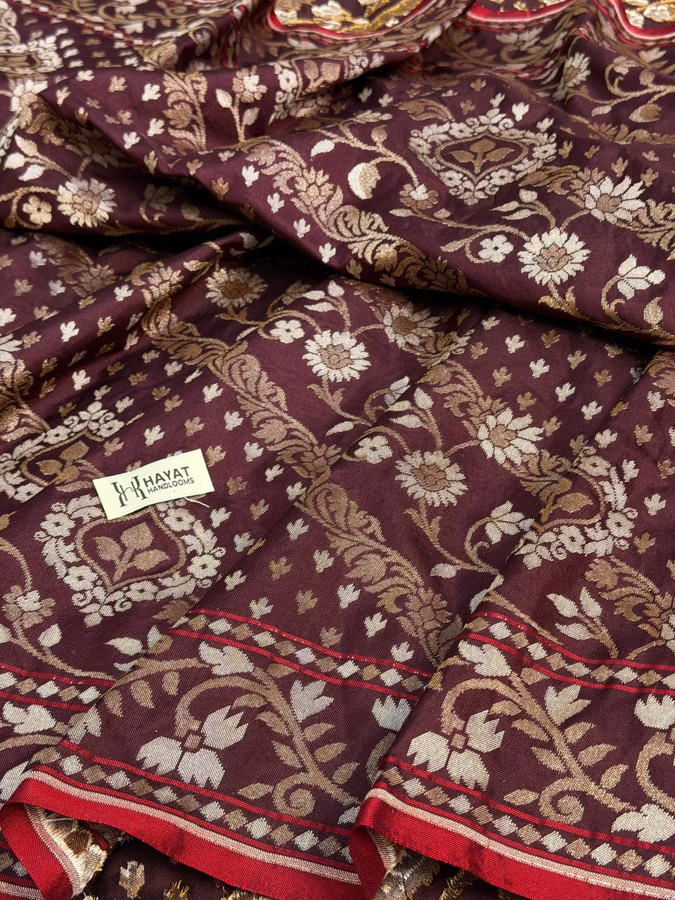 Burgundy with Beige Design Pure Banarasi Ektara Jamdani Silk Handwoven Saree