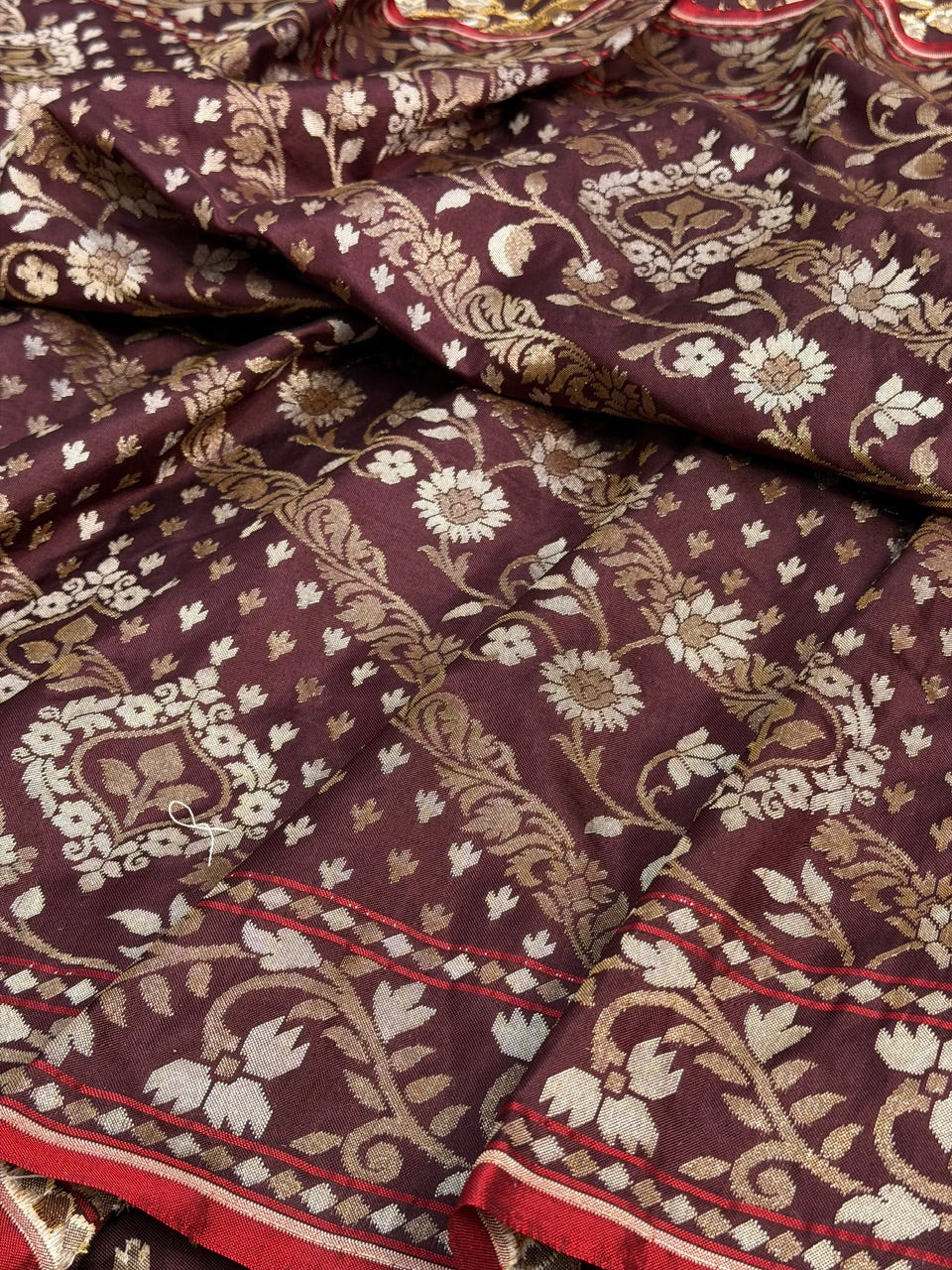 Burgundy with Beige Design Pure Banarasi Ektara Jamdani Silk Handwoven Saree