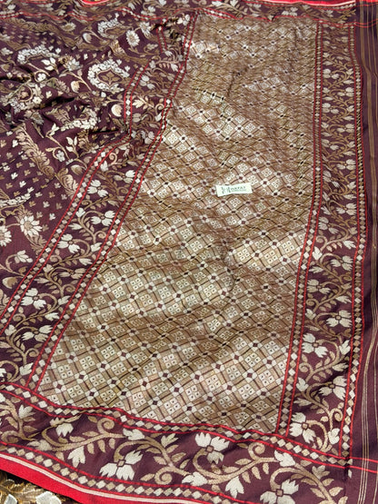 Burgundy with Beige Design Pure Banarasi Ektara Jamdani Silk Handwoven Saree
