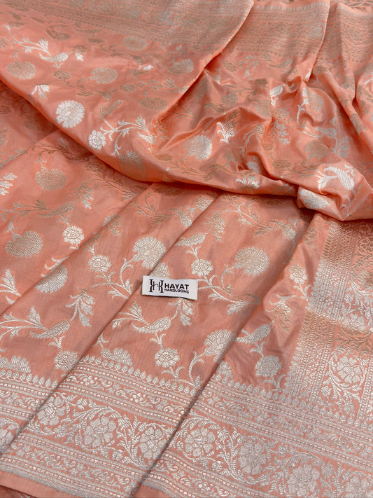 Peach Banarasi Pure Katan Silk Saree | Pure Silk | Cutwork Technique | Banarasi Katan Silk Sare9e